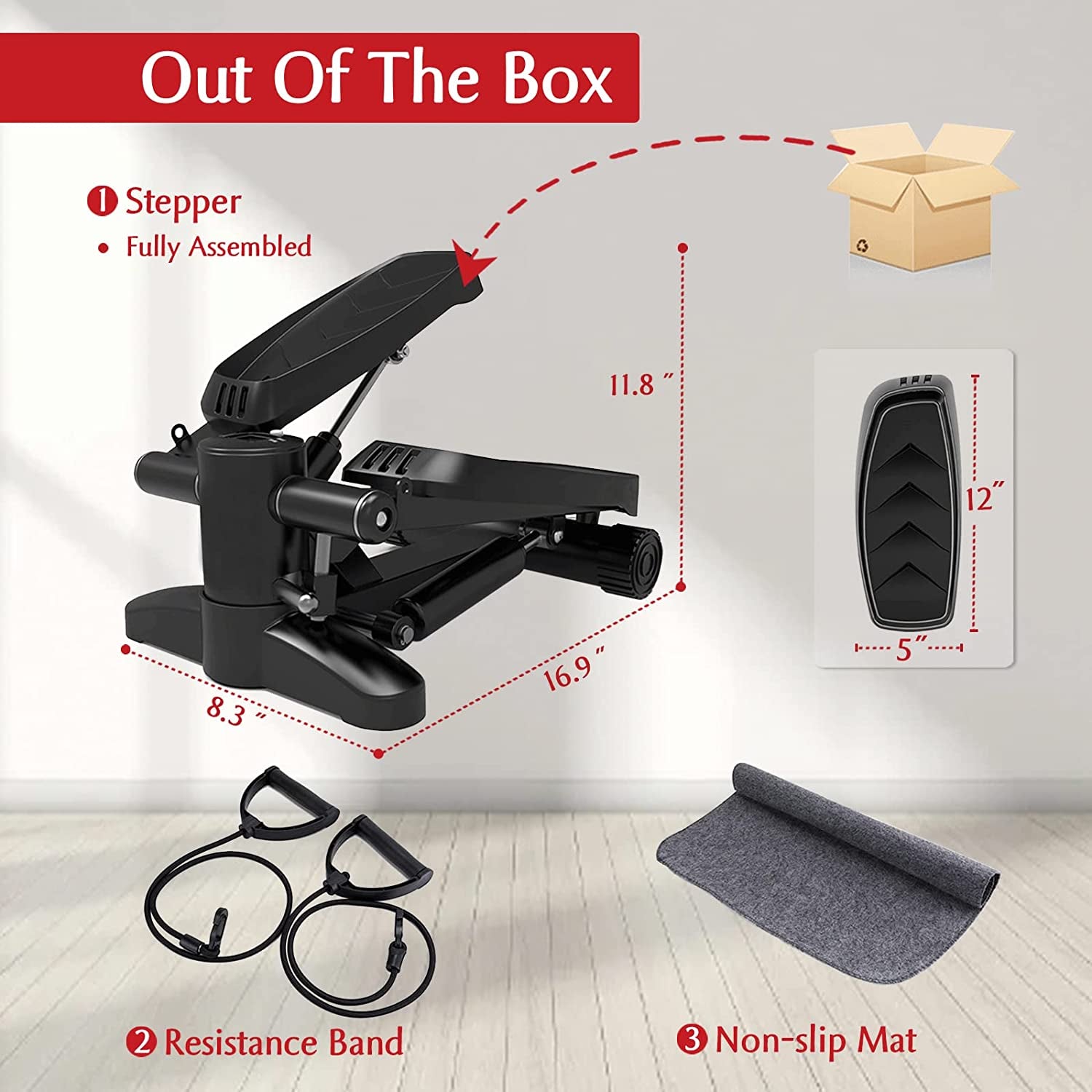 Full Body Stair Stepper Exercise Kit (Mini Stepper with LCD Monitor, Resistance Bands and Floor Mat)