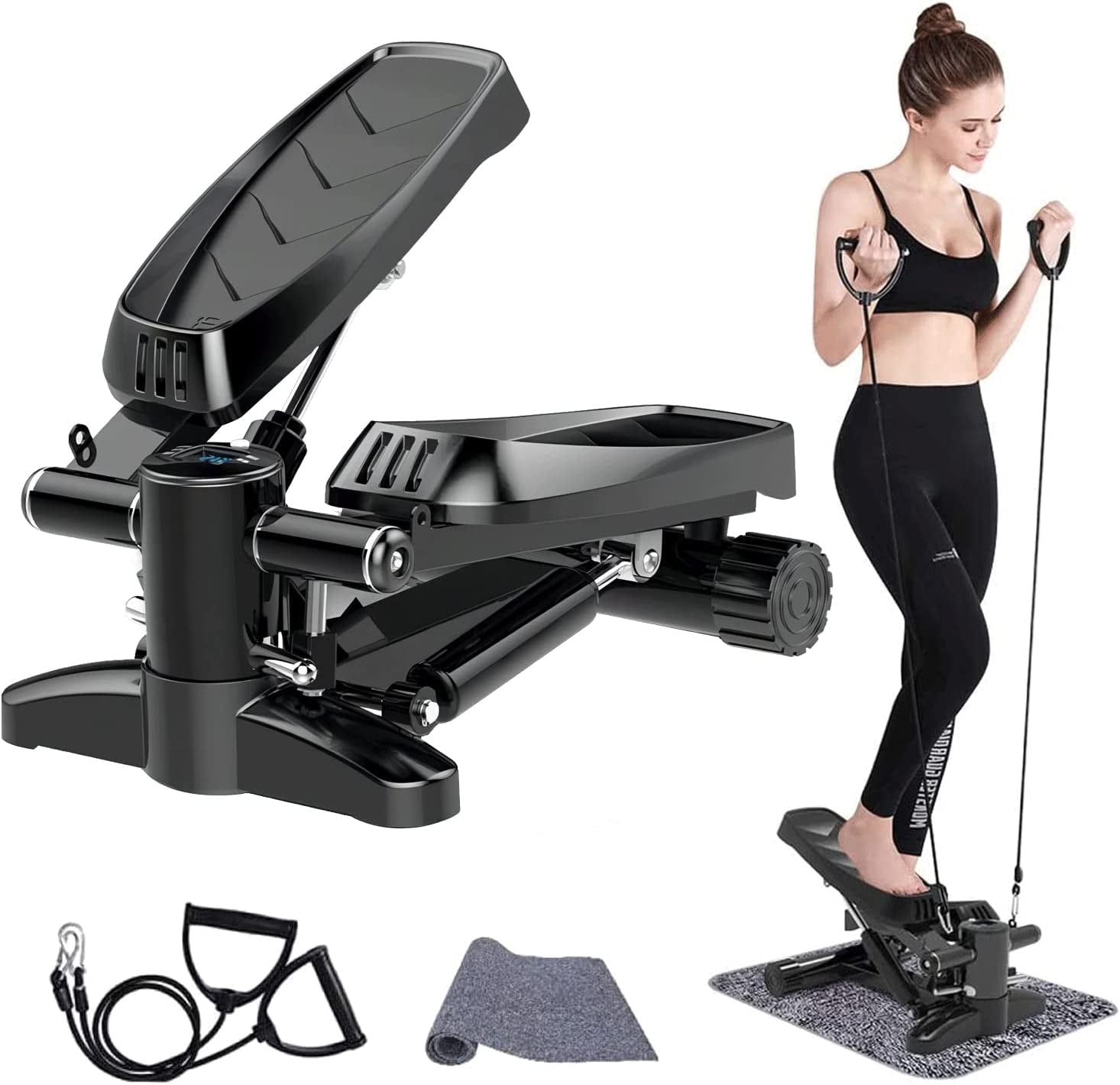 Full Body Stair Stepper Exercise Kit (Mini Stepper with LCD Monitor, Resistance Bands and Floor Mat)